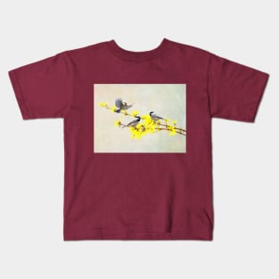 Chickadees Birds and Forsythia Flowers Kids T-Shirt